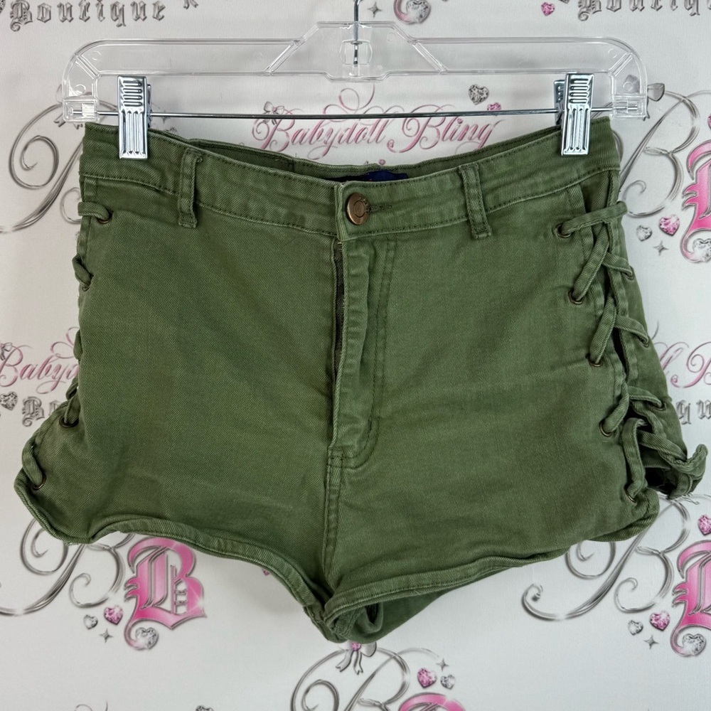 Used denim corset shorts army olive Green Lace-Up Women Shorts lace up sides